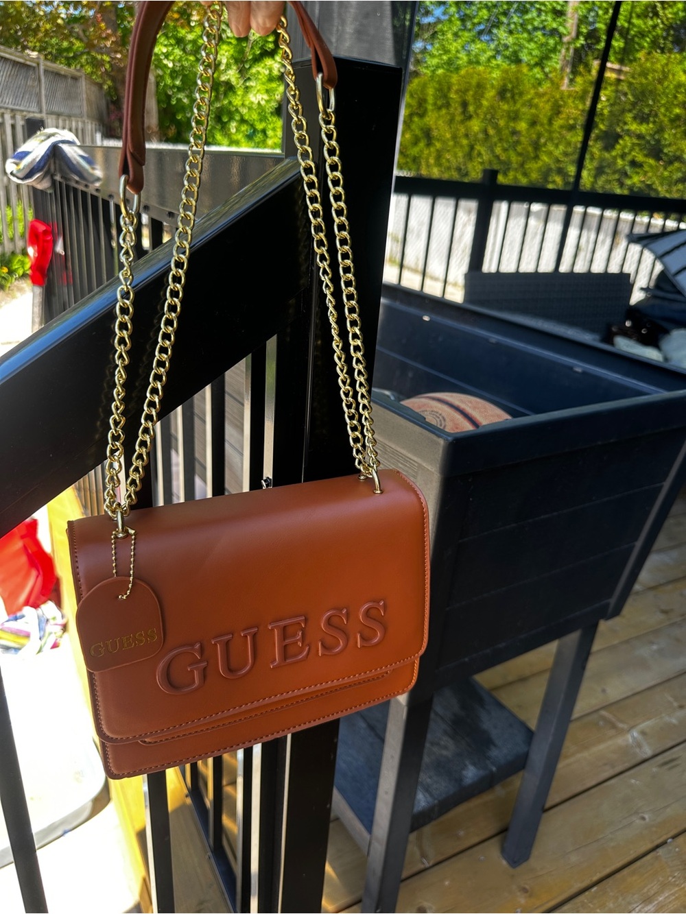 GUESS Brown Leather Crossbody Bag with Gold Chain
